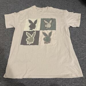 Playboy Shirt Mens M Cream Green Bunny Logo Graphic Tee Square Print